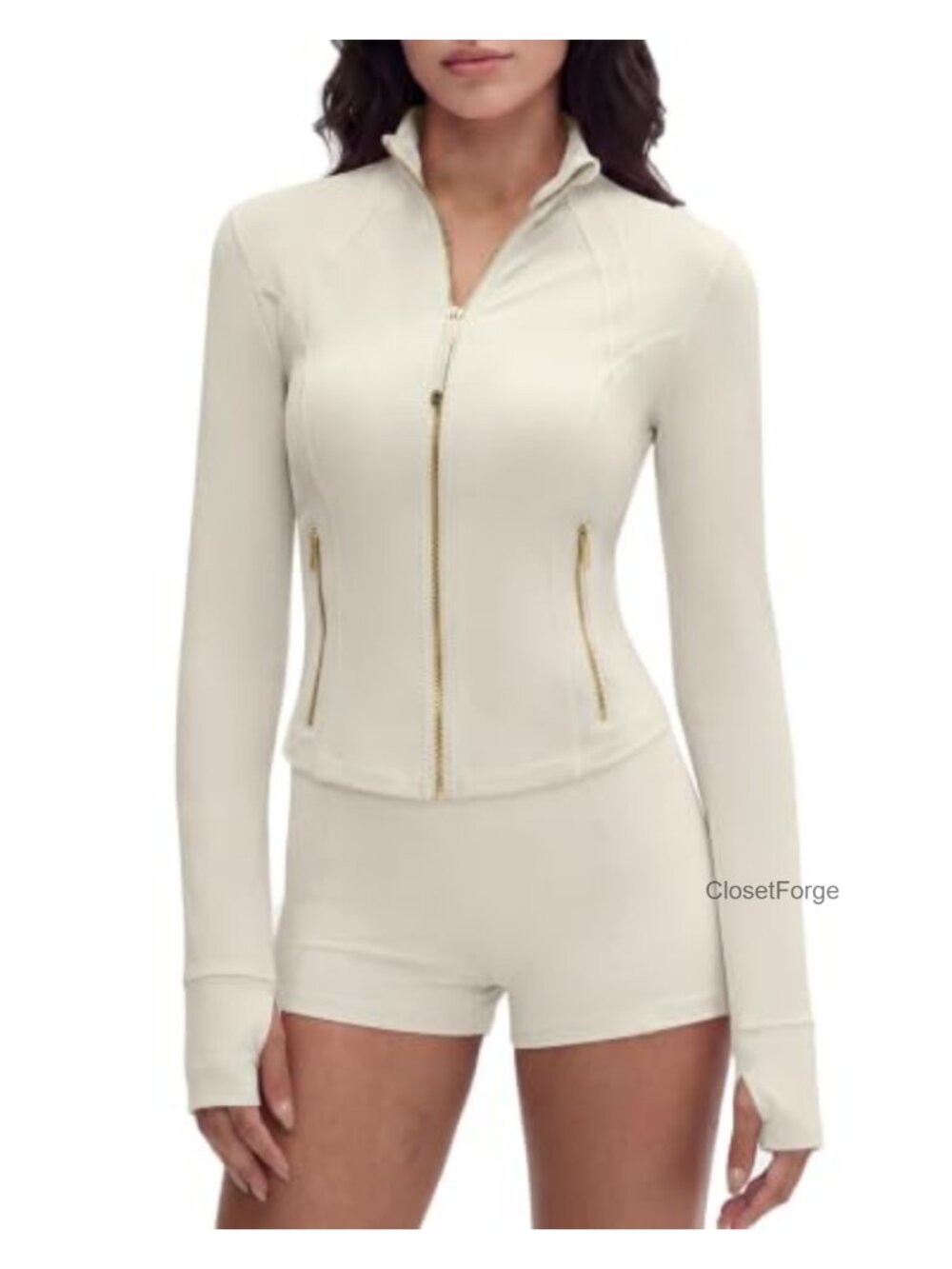 Women's Golden Zip Cropped Athletic Jacket with Thumb Holes
